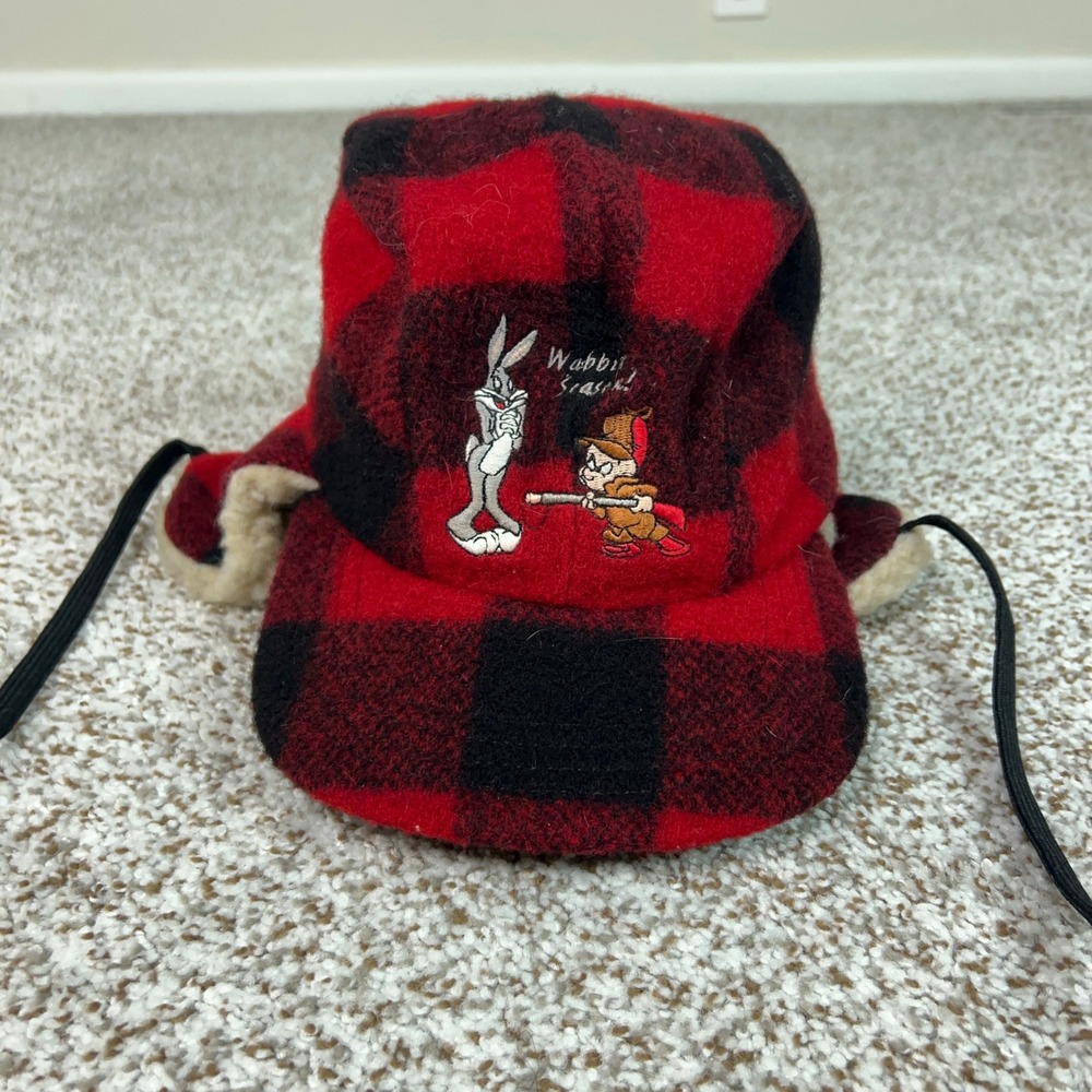 Vintage Looney Tunes Hat Mens One Size Red Winter Flap Buffalo Plaid Bugs Bunny